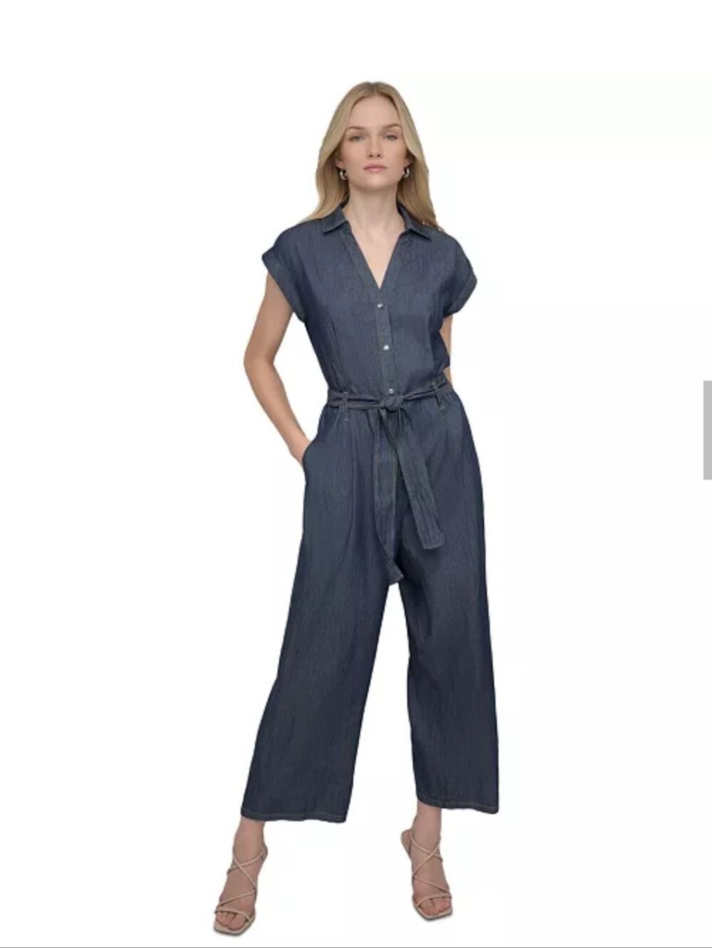 DKNY NWT Denim Jumpsuit Size 14 Belted Wide Leg Utility Boilersuit